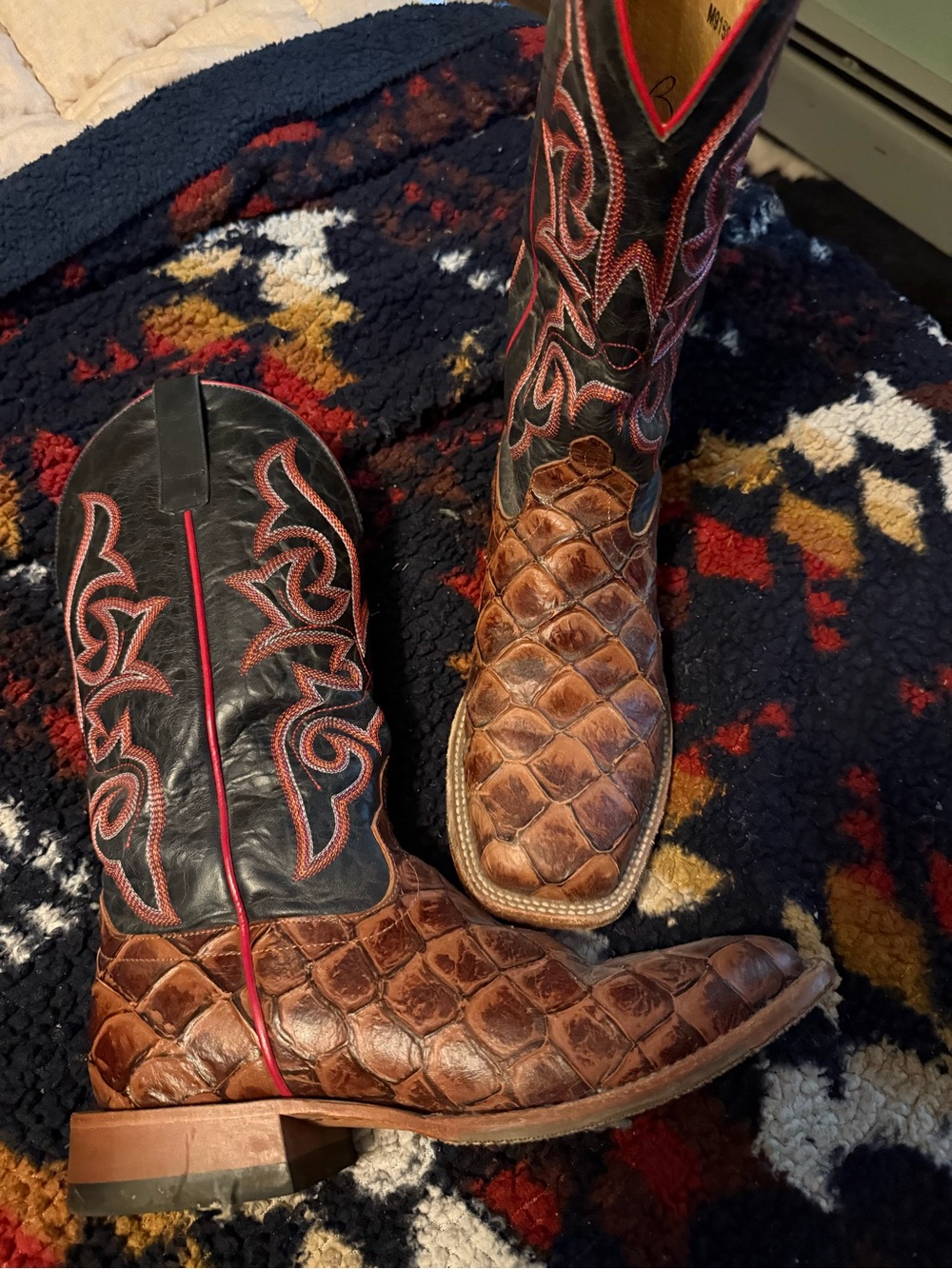 Macie Bean Brown Exotic-Textured Heeled Boots with Black & Red Stitching